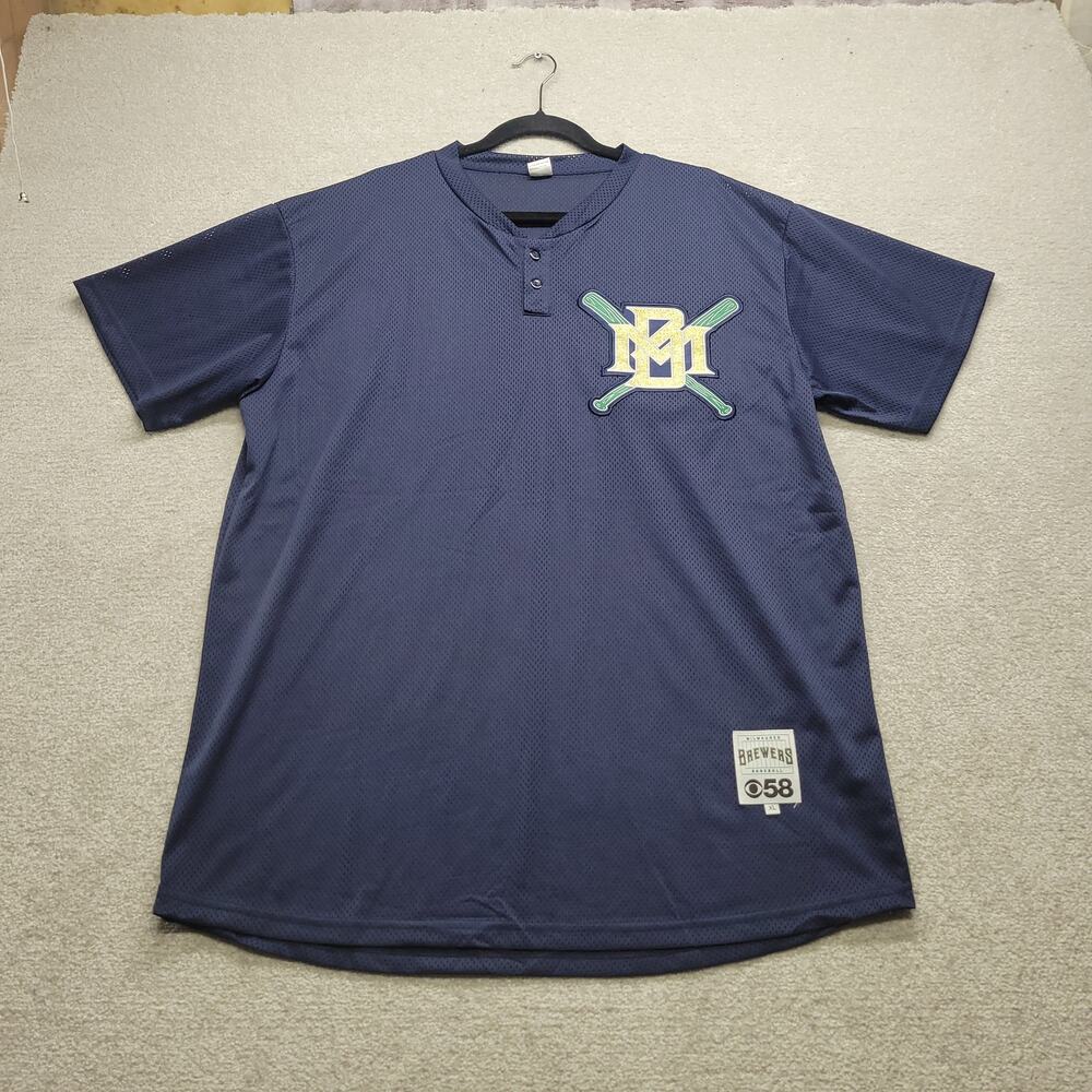 Milwaukee Brewers Baseball Jersey Mens XL Navy Blue Mesh Henley Shirt MLB